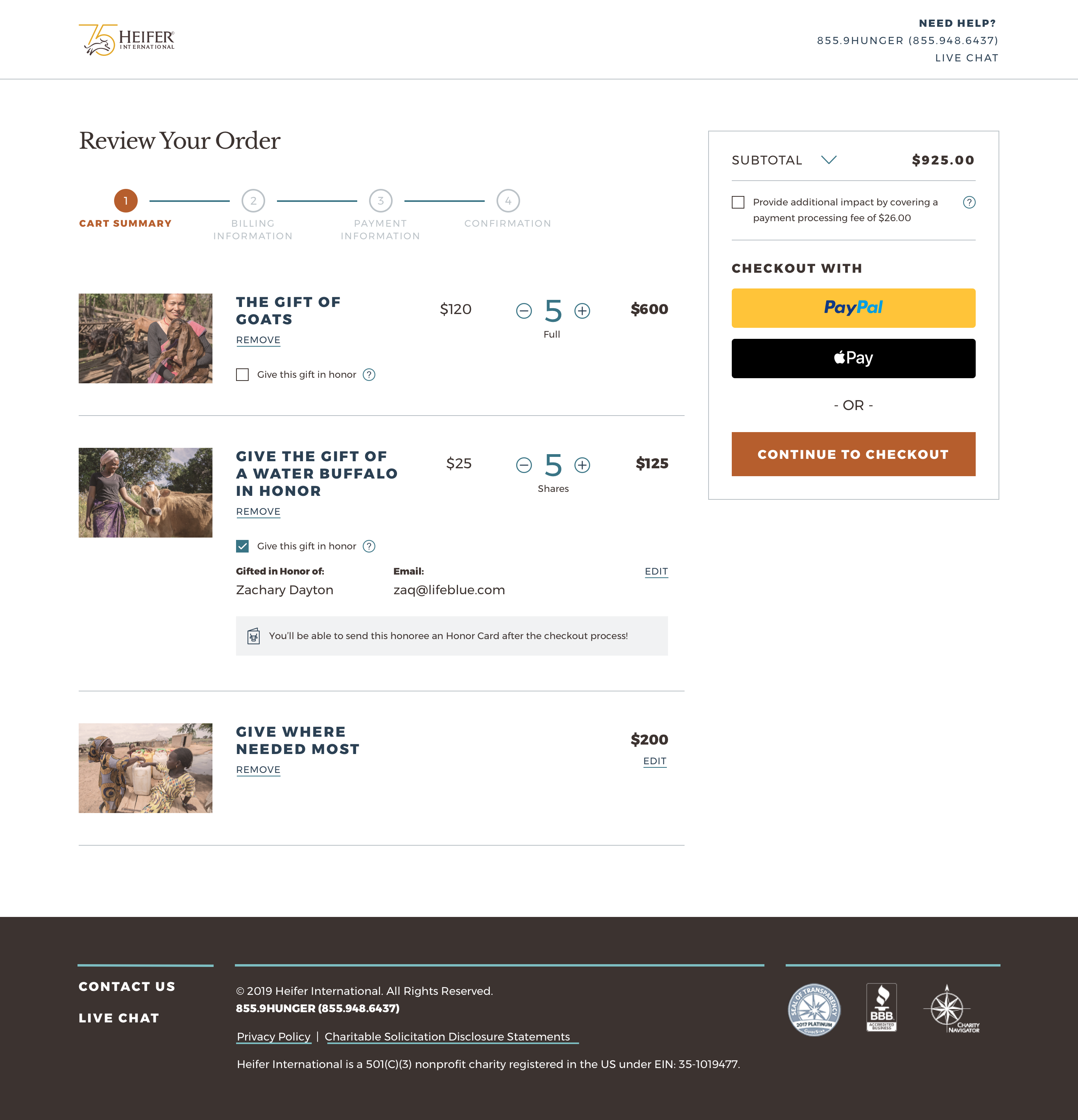 Heifer International Made of Honor Donation Checkout Process on Desktop by Zaq Dayton at Lifeblue